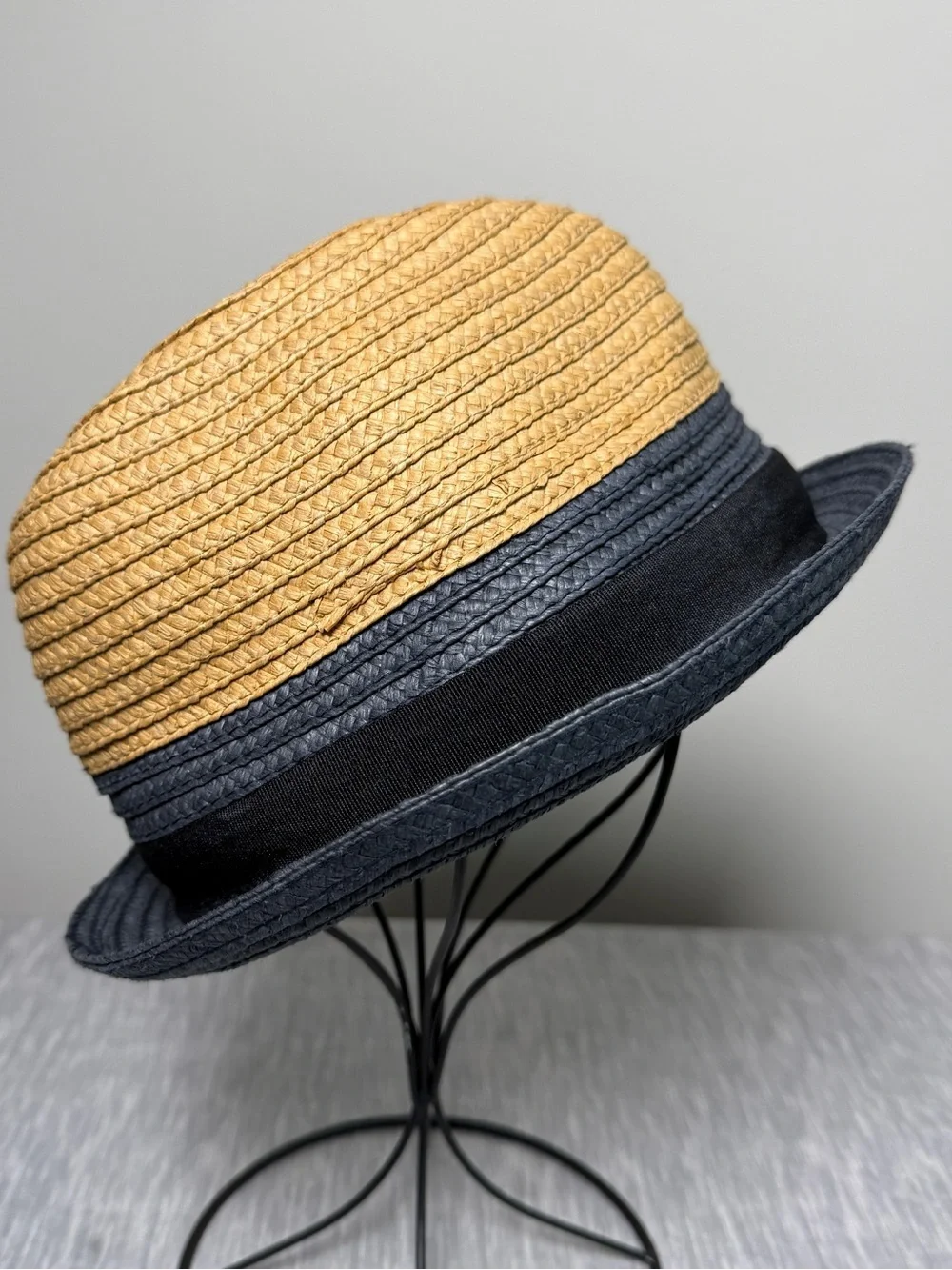 Original Penguin Two-Tone Natural Navy Straw Fedora Porkpie Summer Hat L/XL